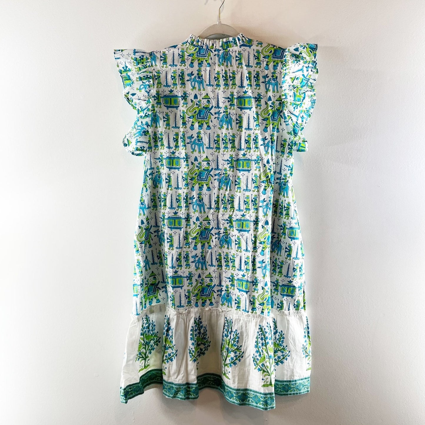 Islapayal Cotton Tunic Printed Ruffle Sleeve Mini Dress White Blue Green Medium