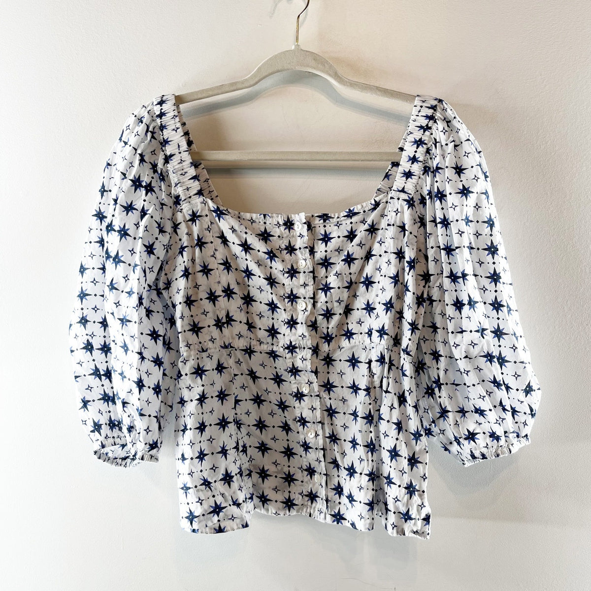 Ros Garden Tuckernuck Elbow Length Square Neck Puff Sleeve Printed Top White XS