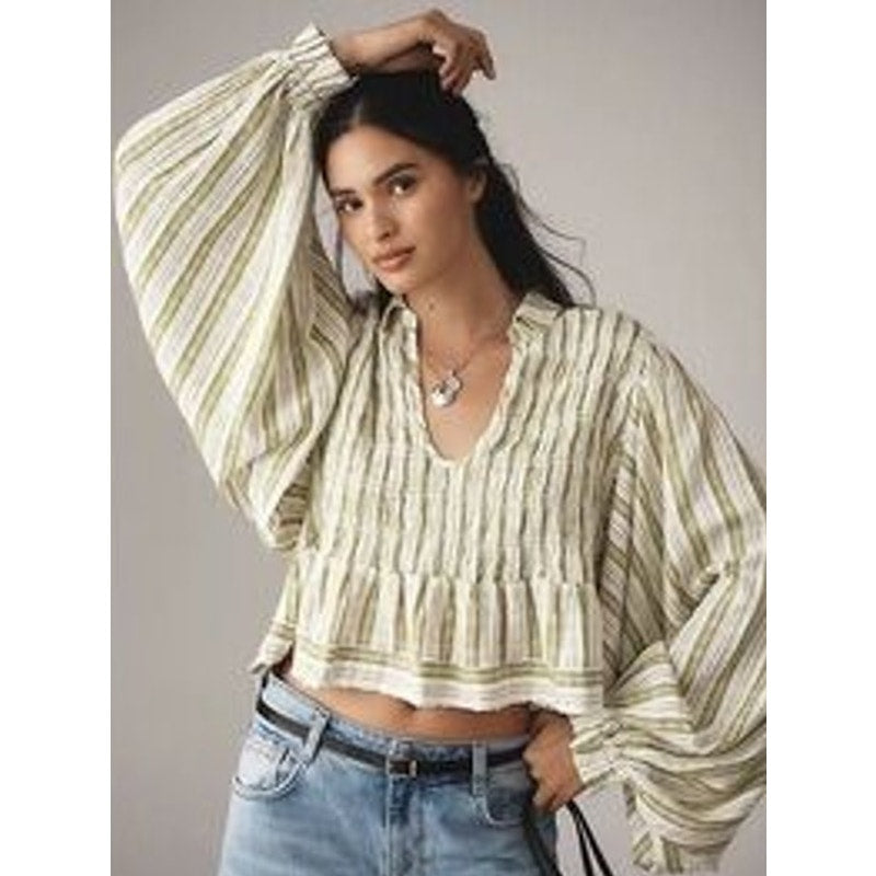 Anthropologie Long Balloon Sleeve Scoop Neck Collared Blouse Green White Small