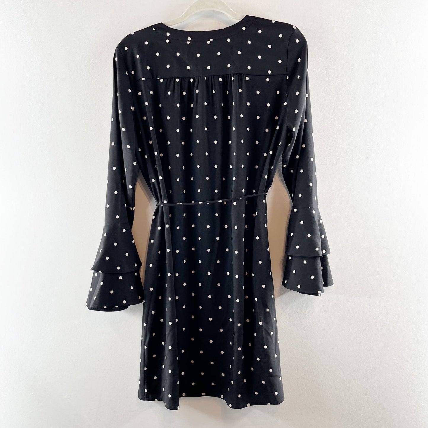 LOFT Polka Dot Flare Bell Long Sleeve Belted Mini Dress Black Small