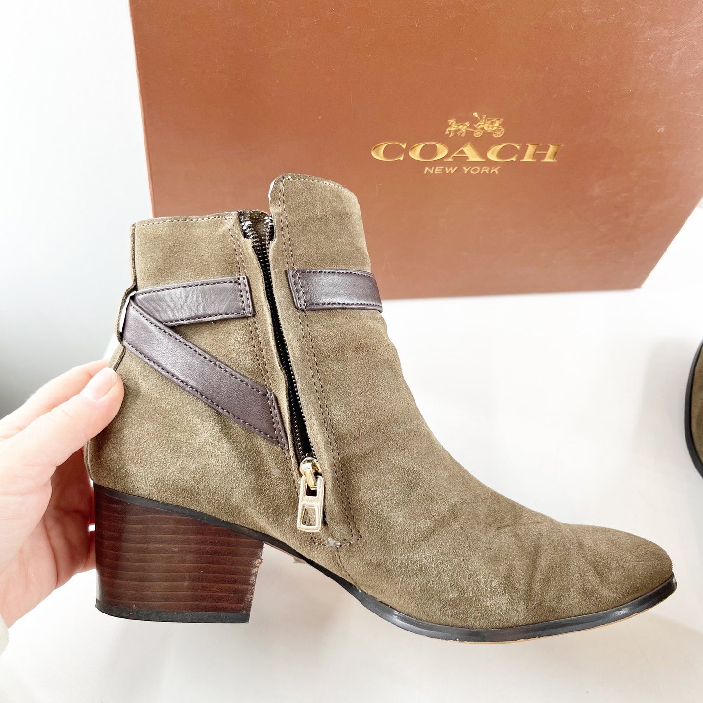 Coach Paulina Block Stacked Heel Suede Ankle Boots Booties Fatigue Chestnut 9