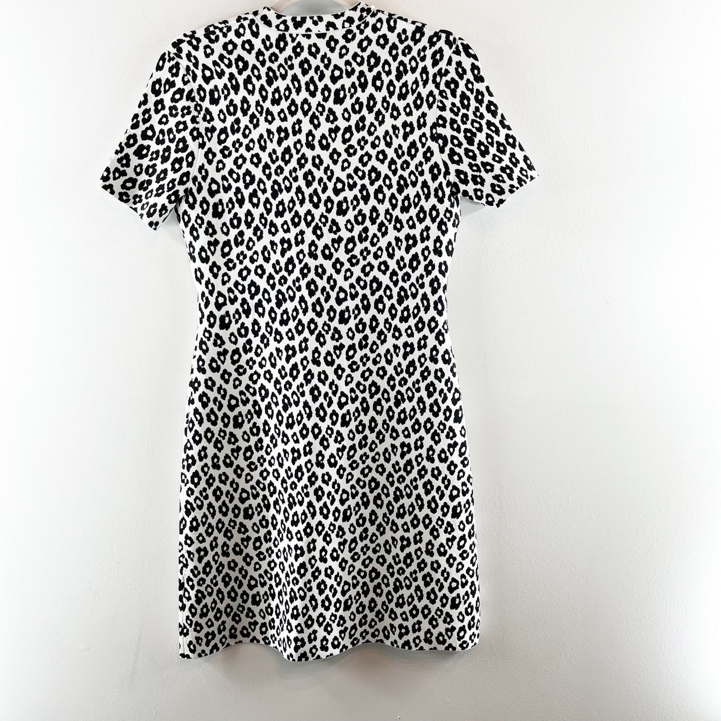 Theory Leopard Print Short Sleeve Round Neck Knit Mini Dress Black/White Medium