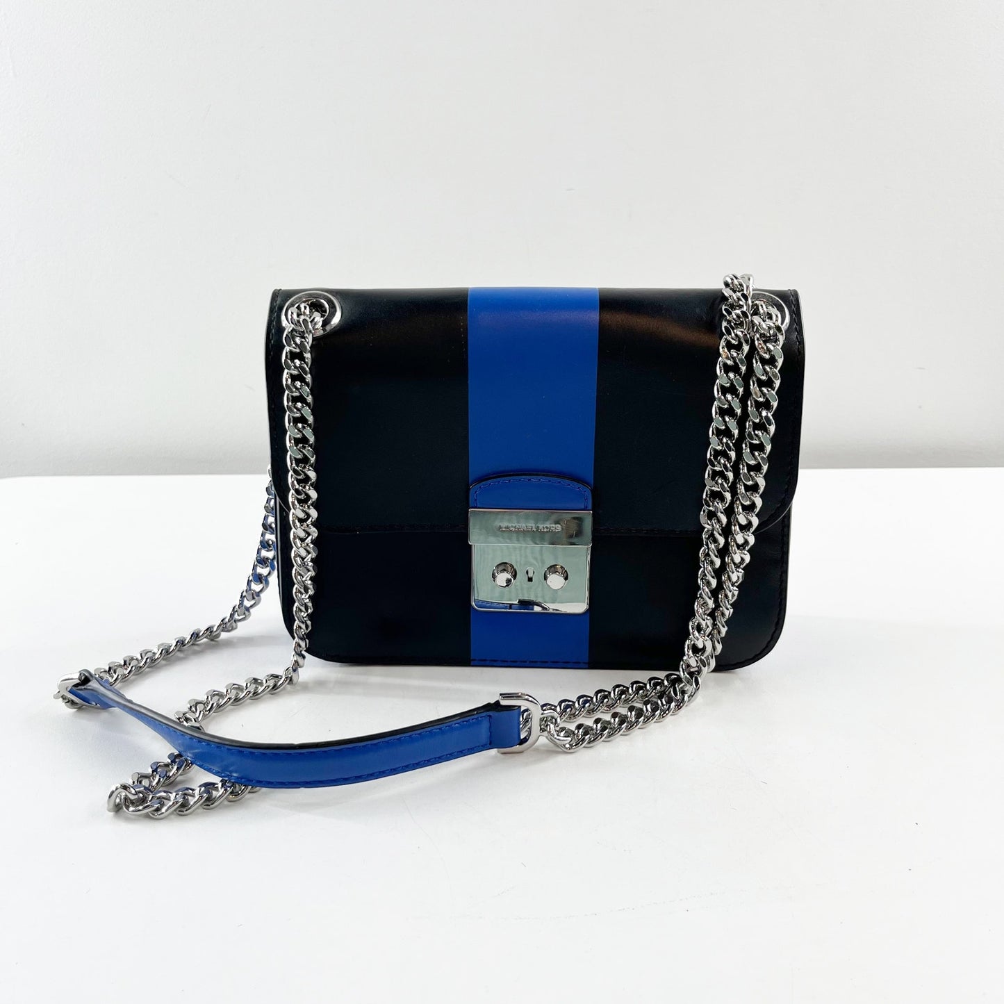 Michael Kors Sloan Center Stripe Med Chain Shoulder Strap Leather Black / Blue