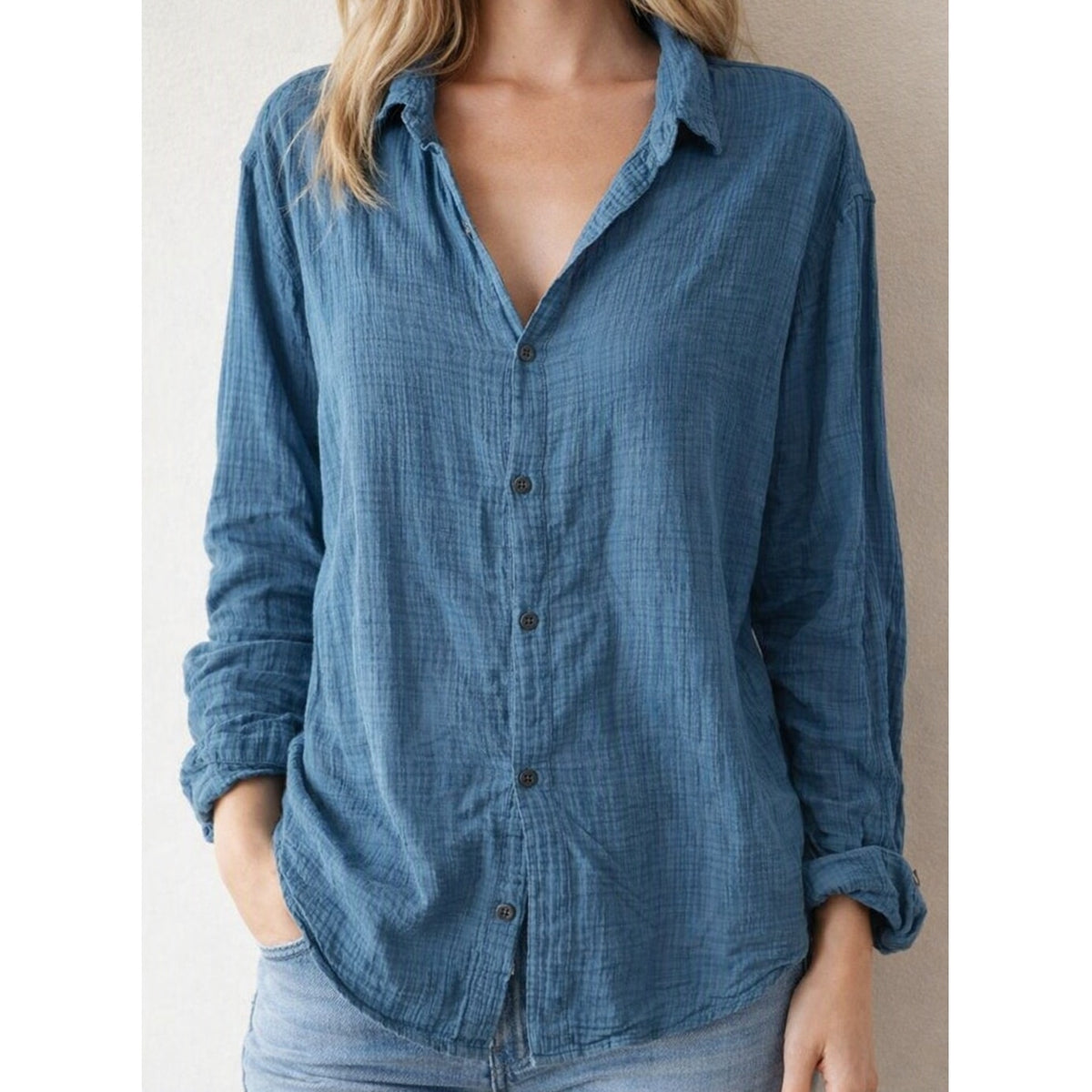 Abercrombie & Fitch Soft A&F Long Sleeve Button-Up Gauzy Shirt Top Blue XL