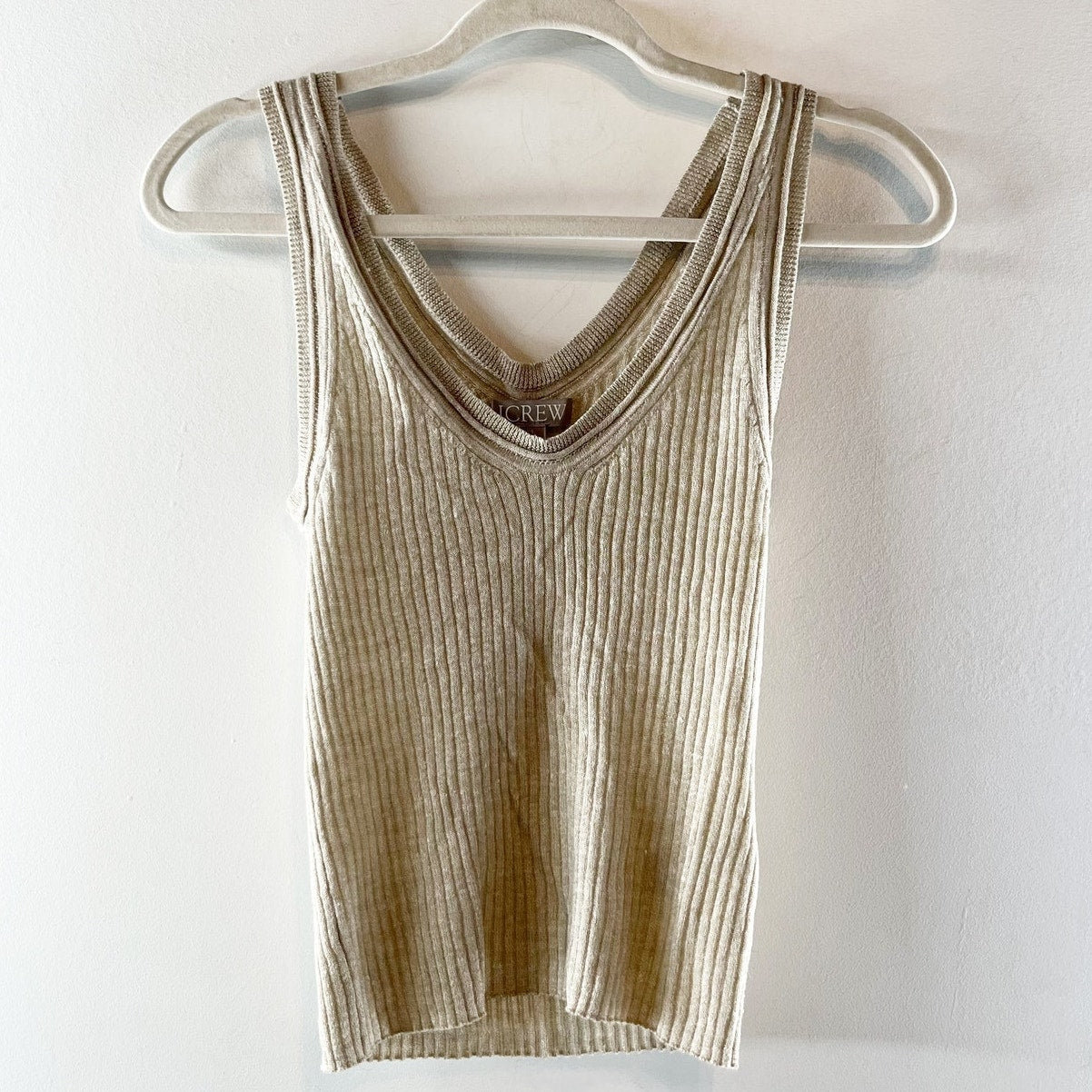 J. Crew Merino Wool Linen Blend Ribbed V Neck Sweater Tank Top Tan XS
