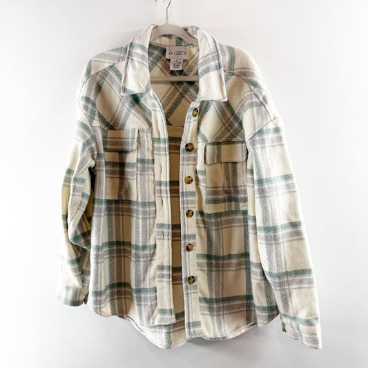 Lily & Lottie Plaid Button Up Shirt Jacket Shacket White Green XL