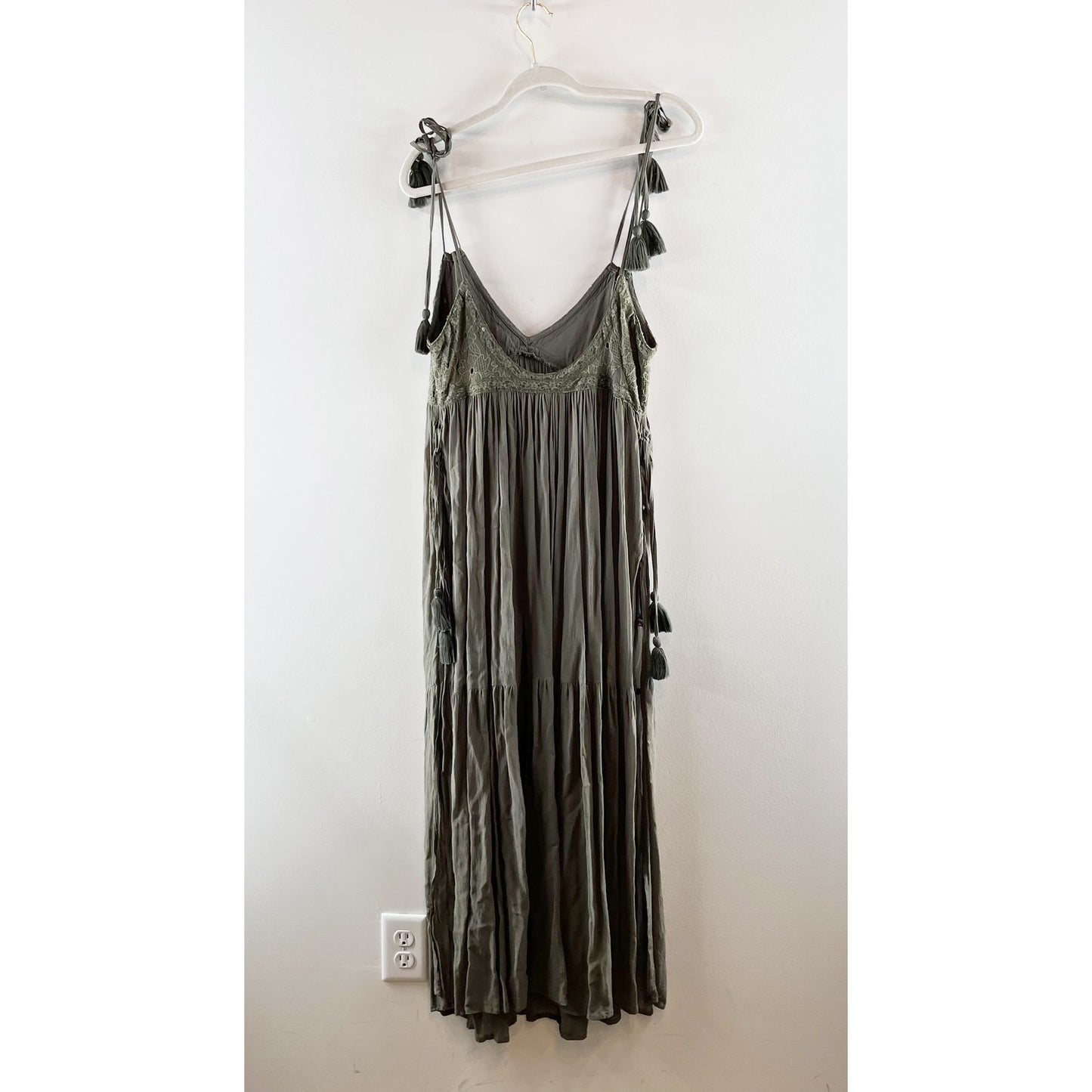 Lovestitch Beach Bliss Lace Trim Boho Cover Up Maxi Sundress Moss Green Medium