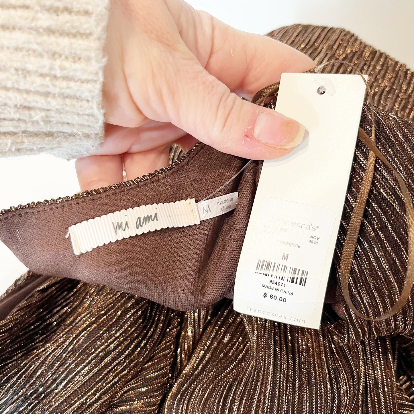 Mi Ami by Francesca's Josephine Shimmer V-Neck Mini Dress Metallic Copper Medium