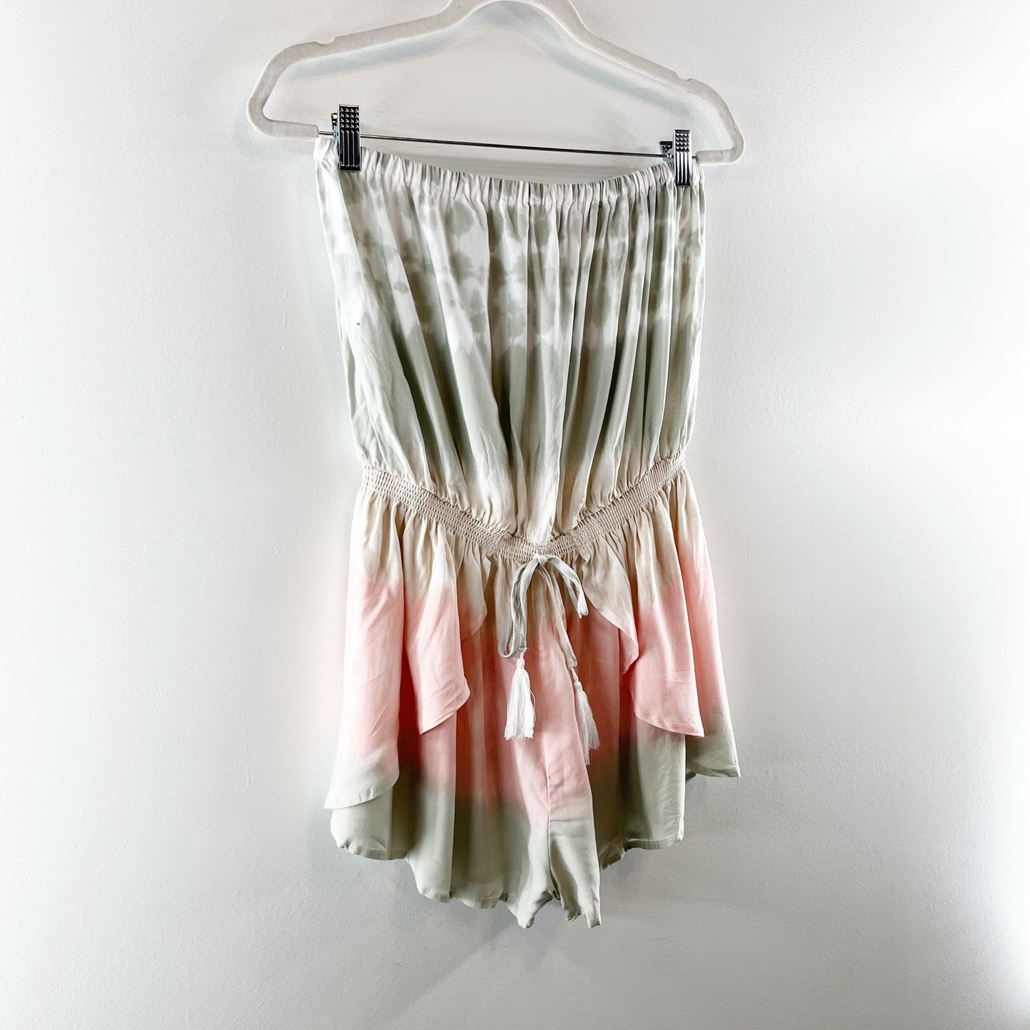 Ocean Drive Strapless Tie Dye Ombre Layered Shorts Romper Gray Pink Medium