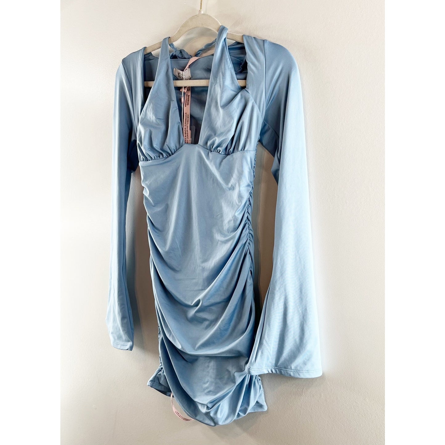 Oh Polly Short and Sweet Halter Cutout Long Bell Sleeve Mini Dress Blue 6