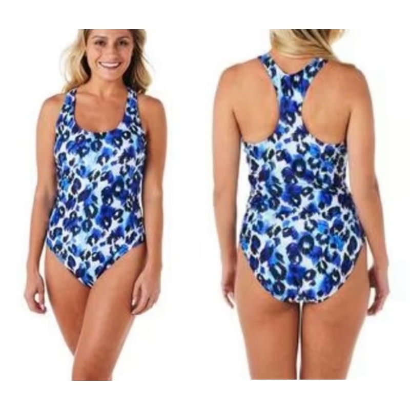 Nicole Miller Cheetah Print One Piece Beach Racerback Swimsuit Aqua Blue Large