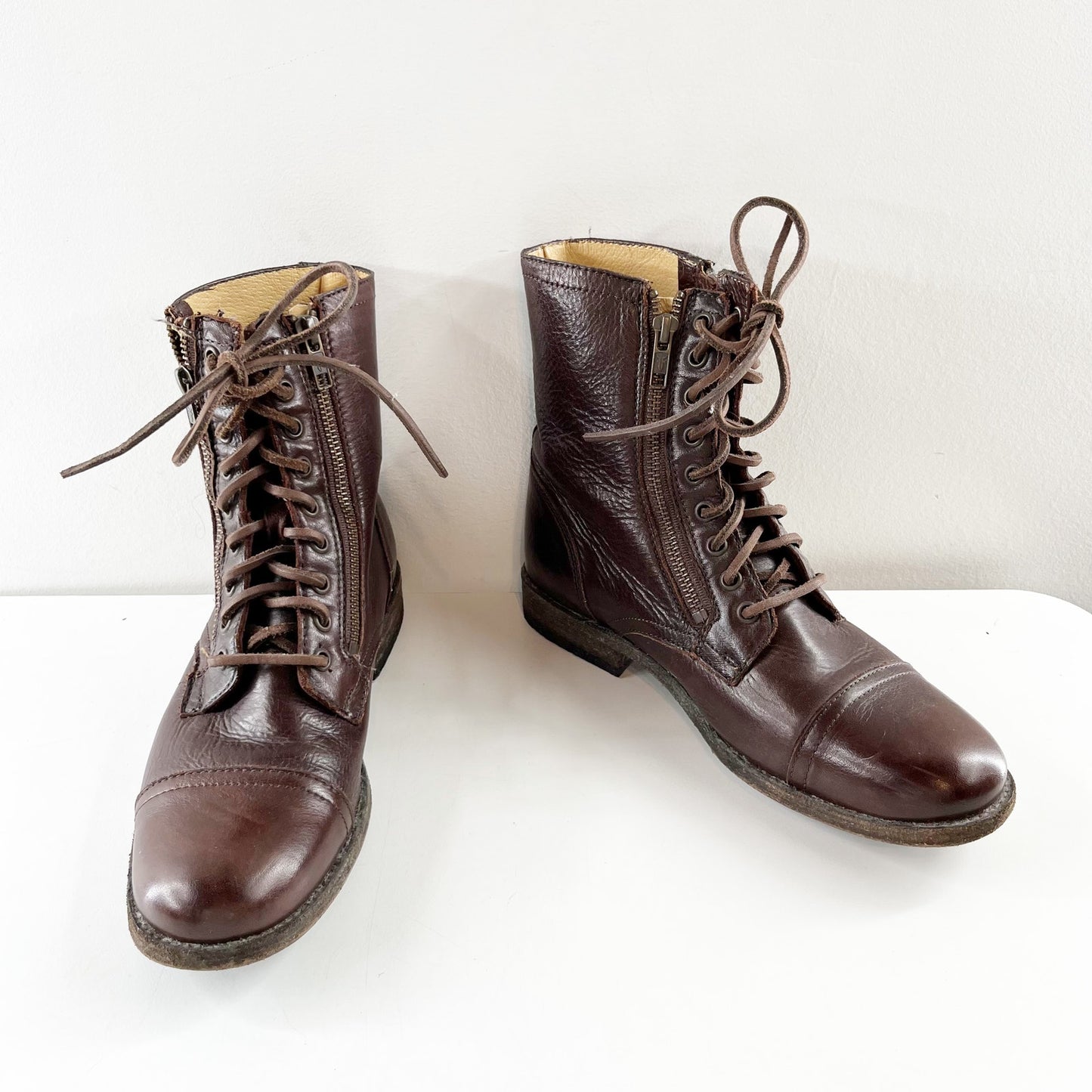 FRYE Tyler Lace Up Leather Combat Moto Ankle Boots Booties Brown 8.5