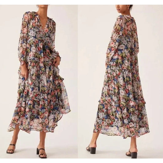 Anthropologie Marais Floral Printed Tiered Chiffon Maxi Dress Multicolor Small