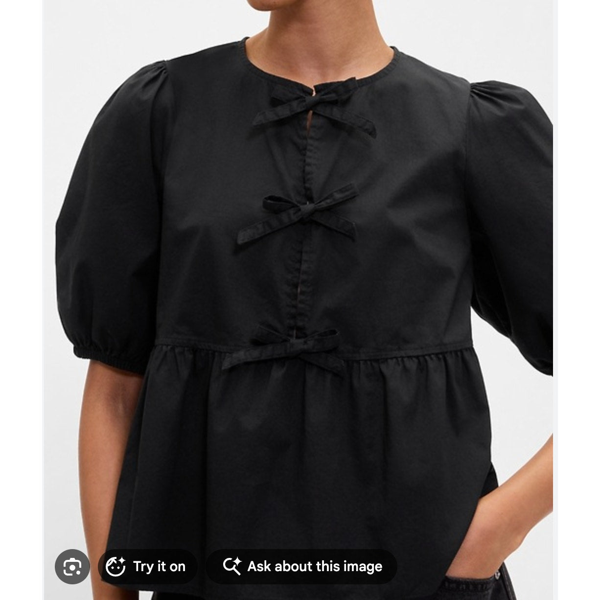 GAP Poplin Puff Sleeve Tie Front Blouse Top Black Small