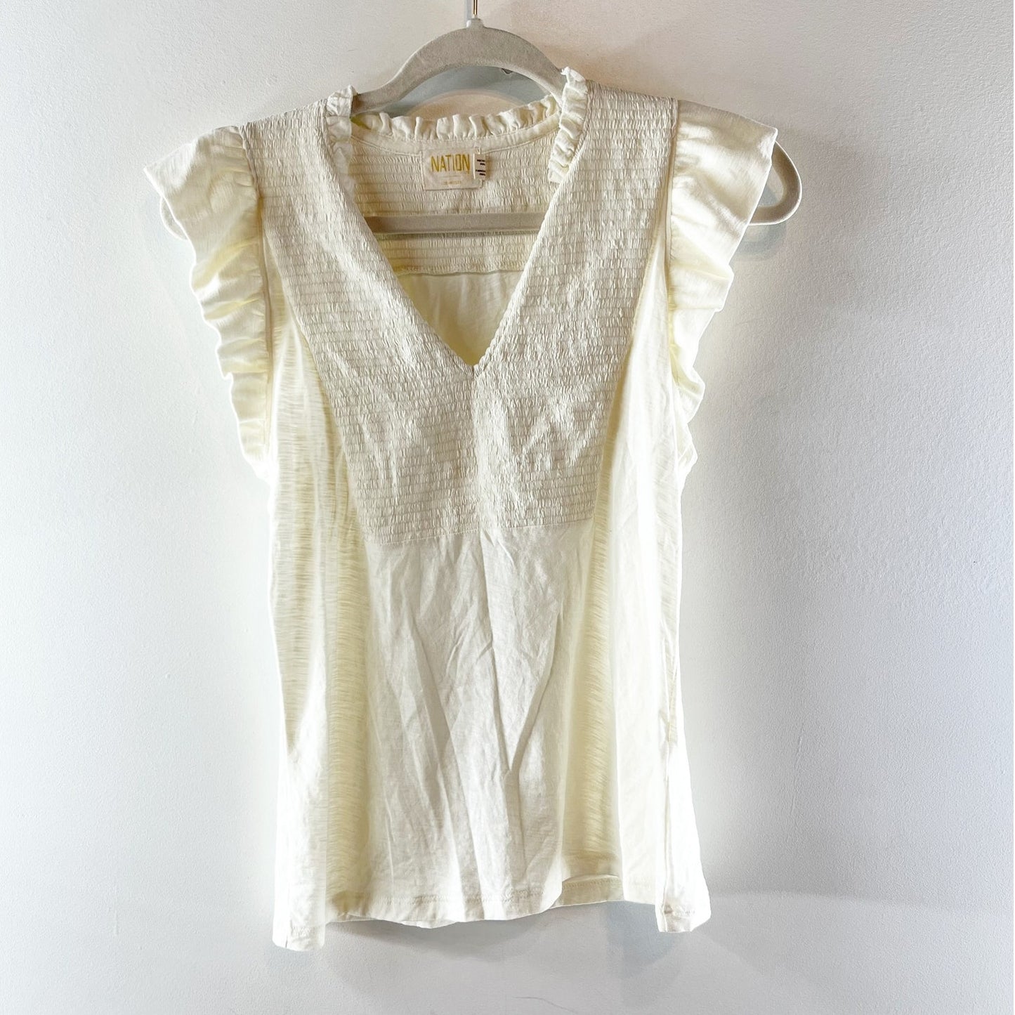 Nation LTD Ruffle Sleeve V Neck Cotton Tee Shirt Top Cream Ivory Small