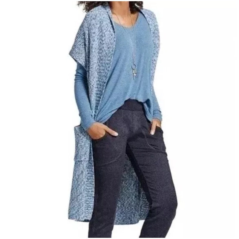 CAbi Love Carol Short Sleeve Open Front Longline Napa Cardigan Sweater Blue XS