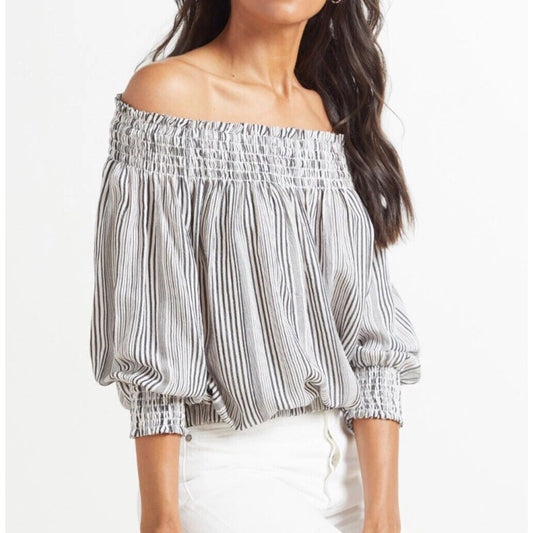 Evereve Sydney Stripe Off the Shoulder Cotton Weave Smocked Top Gray White M