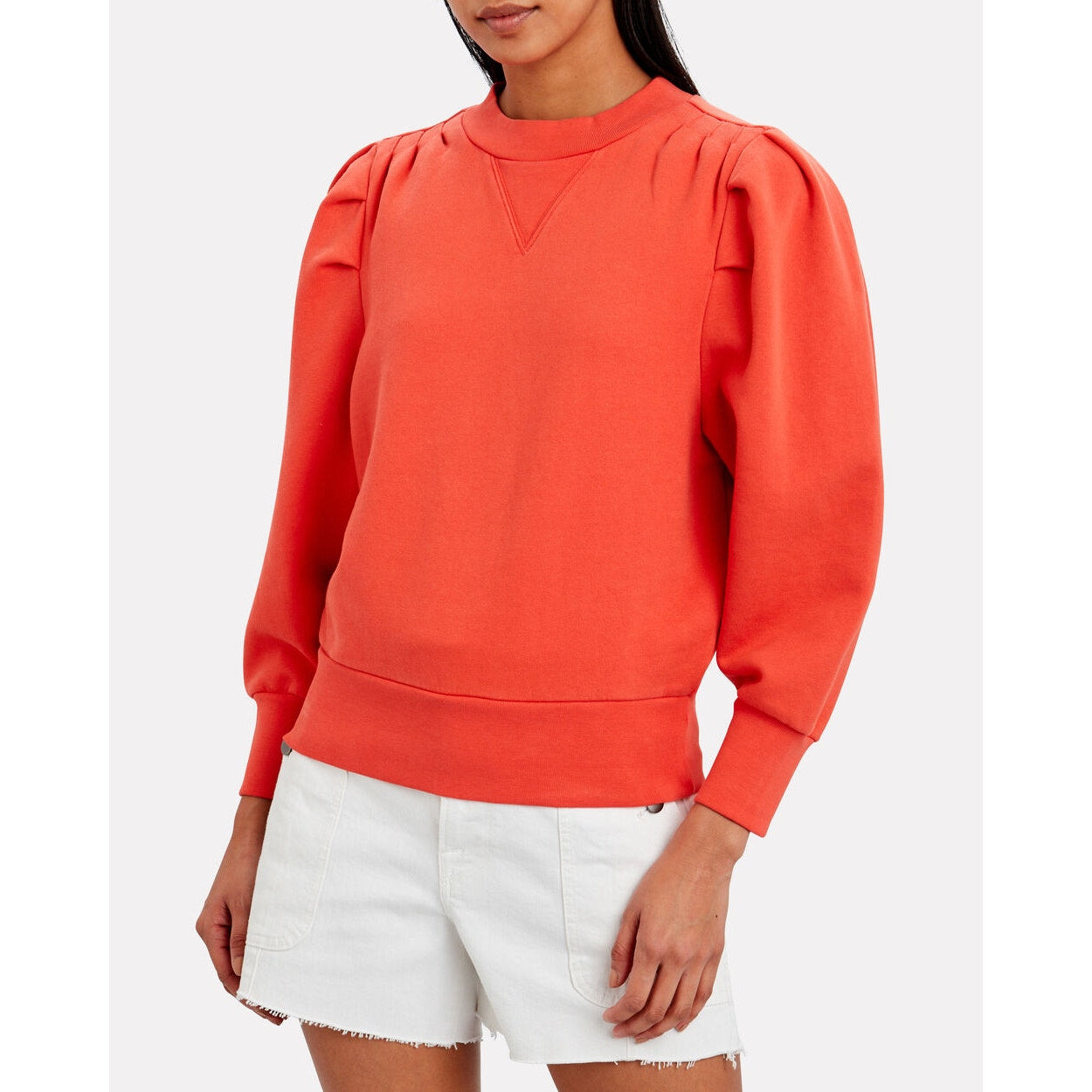 Frame Cotton Blend Shirred Puff Sleeve Crew Neck Pullover Sweatshirt Orange M