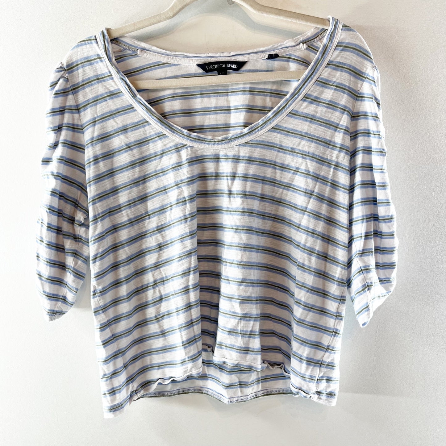 Veronica Beard Netto Scoopneck Cotton Elbow Length Sleeve Striped Tee Shirt Blue