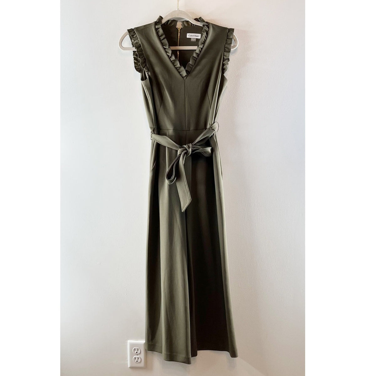 Calvin Klein Ruffle V-Neck Belted Wide Leg Cropped Jumpsuit Olive Green 2