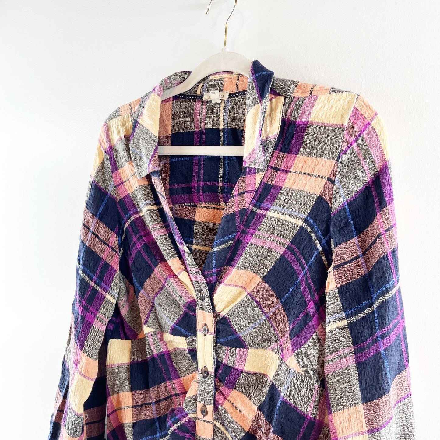 Anthropologie Pilcro Ruched Deep V Plaid Buttondown Shirt Purple Medium