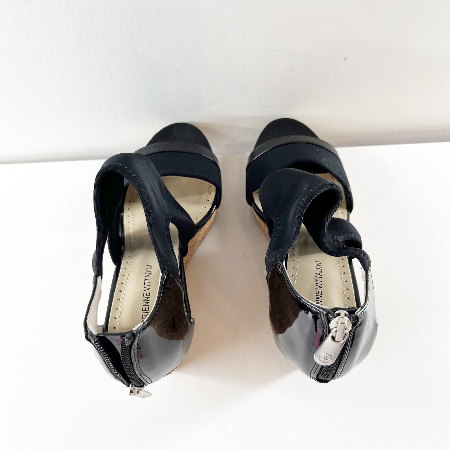 Adrienne Vittadini Chelle Patent Cork Wedge Heel Sandals Black 8