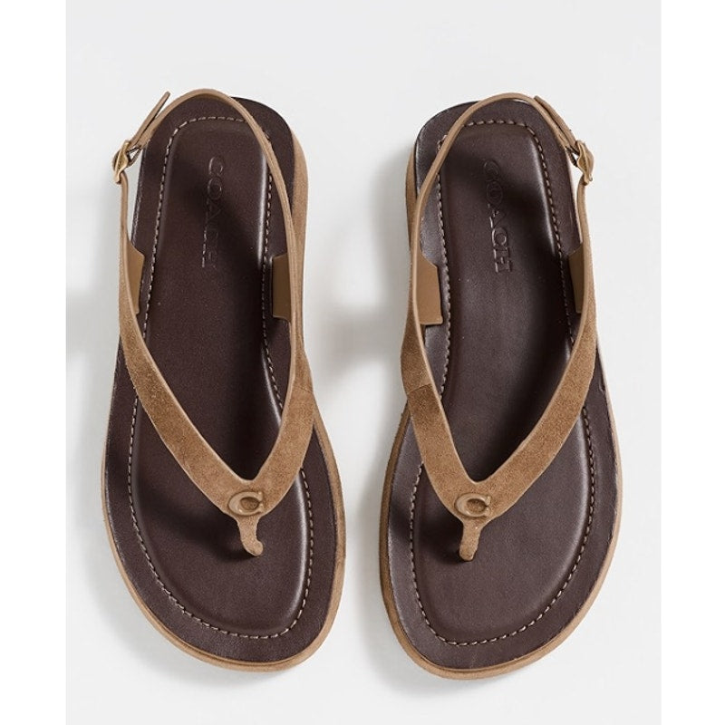 Coach Sculpted C Platform Suede Thong Sandals Coconut Tan Brown 6.5