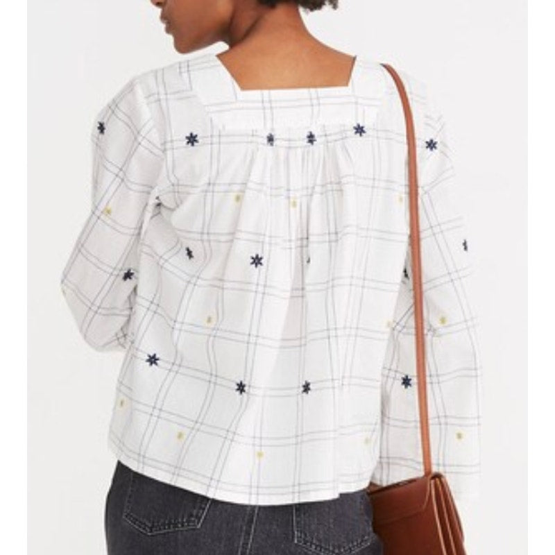 Madewell Embroidered Windowpane Square-Neck Button-Down Top Shirt White Wash M