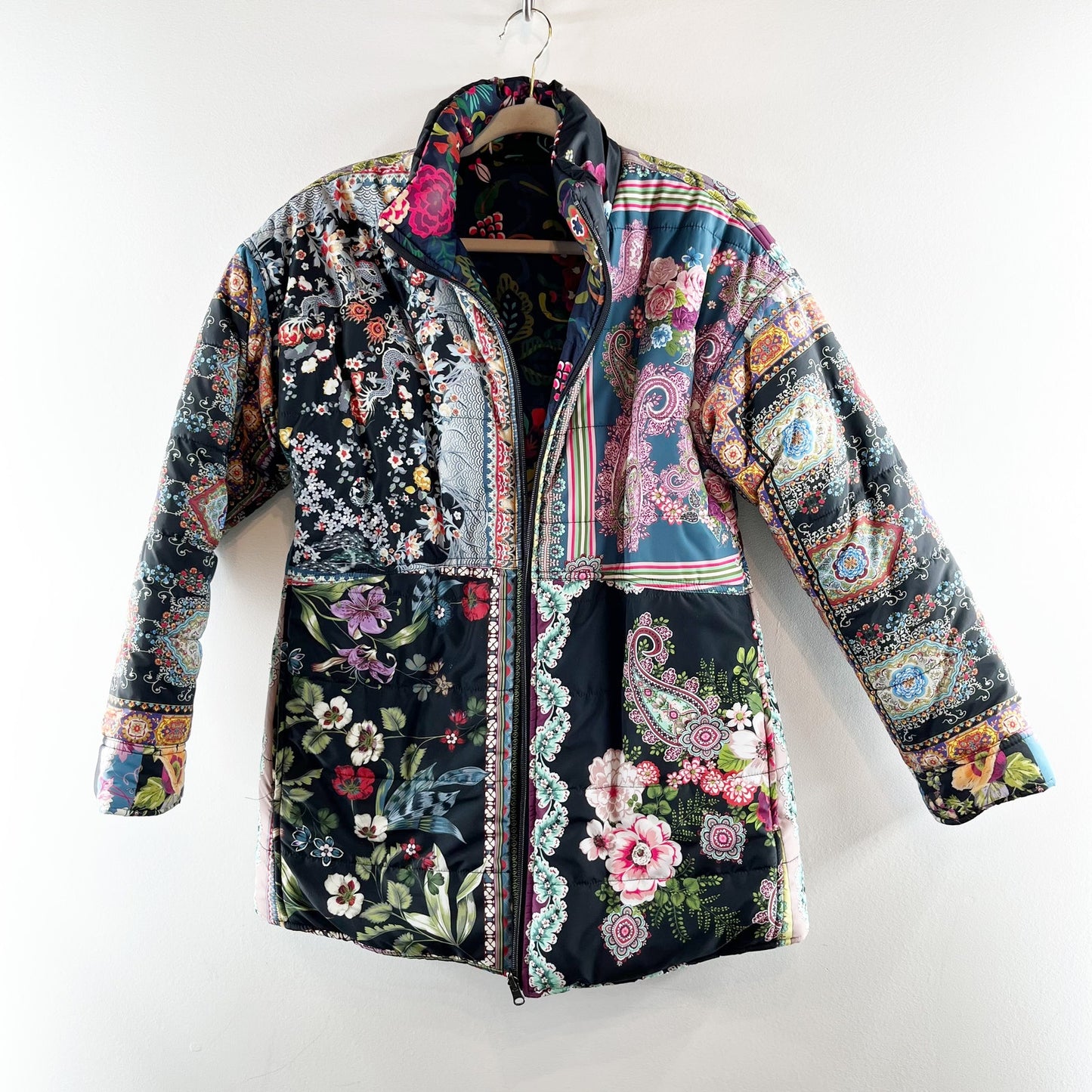 Johnny Was Reversible Puffer Coat Jacket Black Pink Printed XS