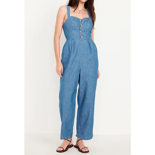 Old Navy Button Front Sweetheart Neck Cami Chambray Jumpsuit Blue Small