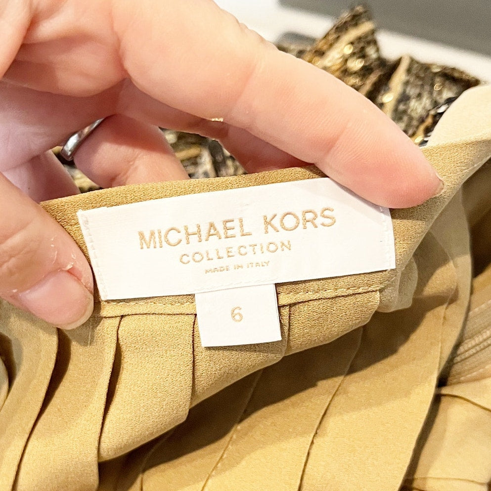 Michael Kors Collection Pleated Sequin Midi Skirt Barley Brass Gold 6