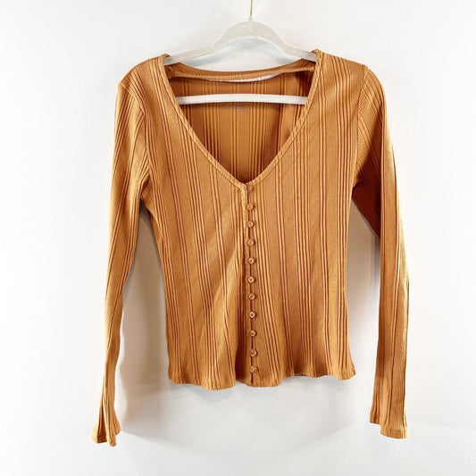 Anthropologie Beatrice Button Up Long Sleeve Ribbed Top Camel Brown Medium