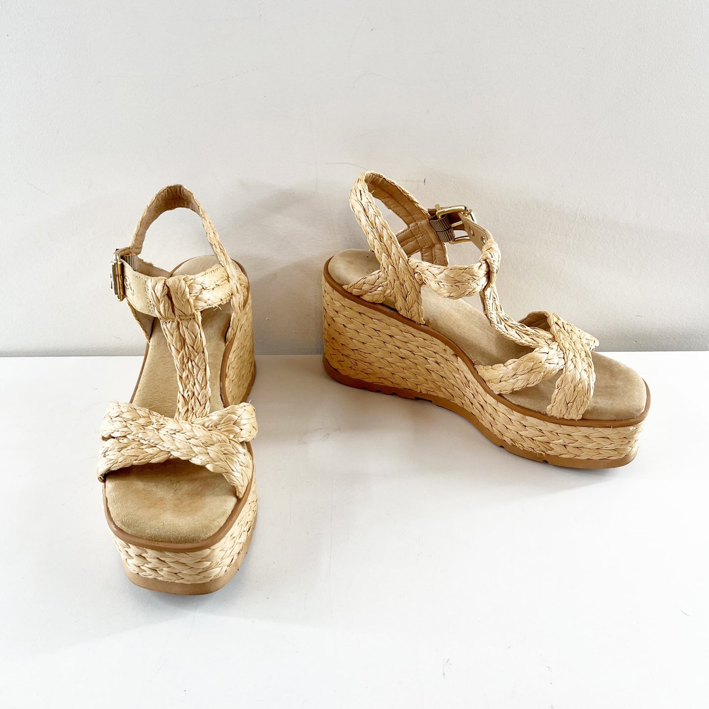 Schutz Panna Braided T Strap Wedge Platform Raffia Shoes Sandals Tan 7.5