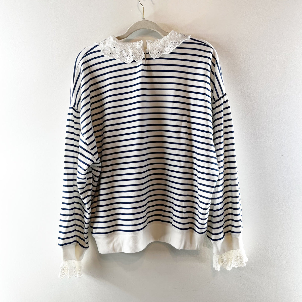 J. Crew French Terry Long Sleeve Sweatshirt Lace Trim Porto Printed Stripe XXL