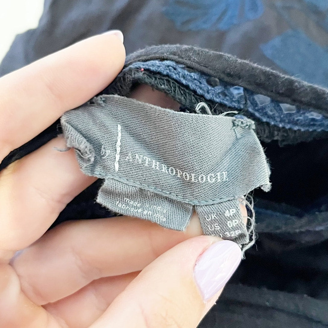 Anthropologie Salma Embroidered Peasant Blouse Navy Blue 0 Petite