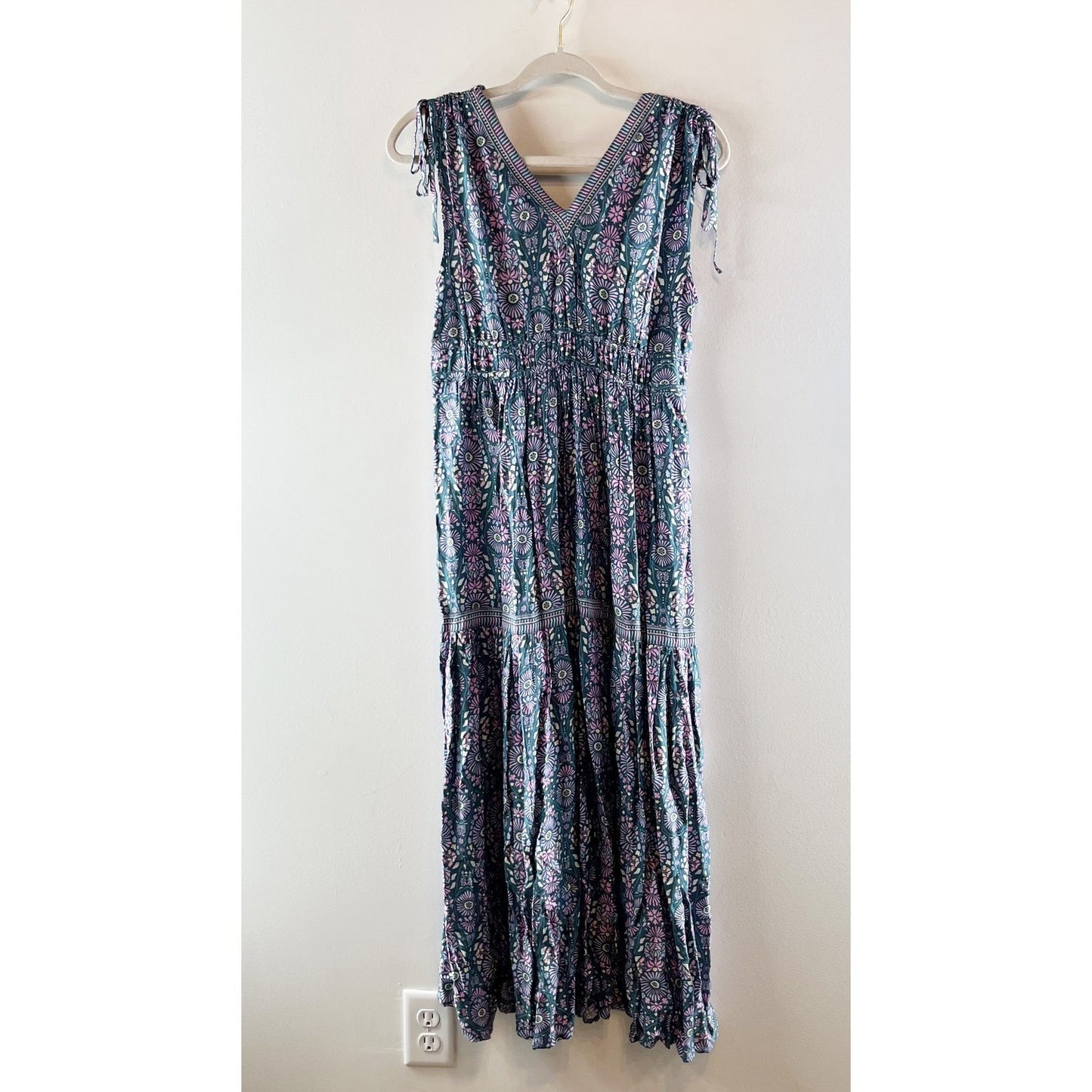Joie V Neck Printed Tie Shoulder Maxi Dress Green Pink XS
