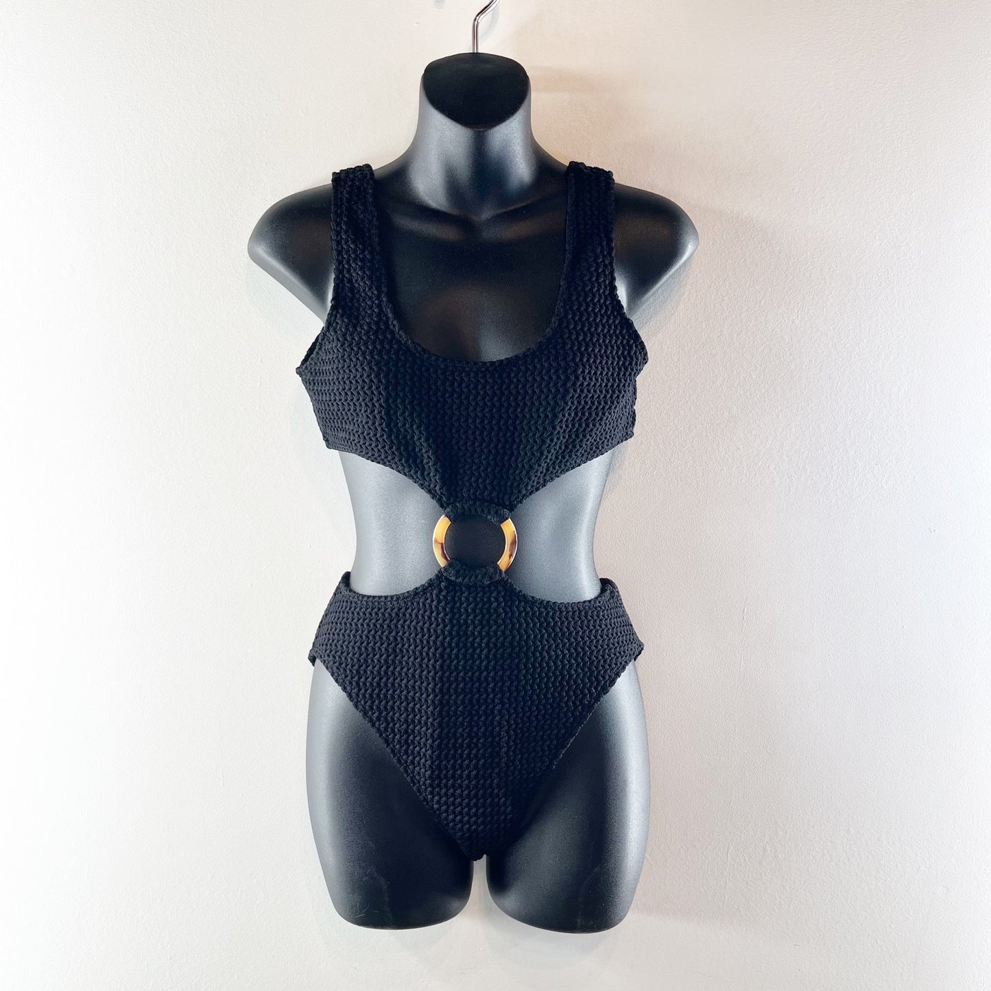 Montce Ky High Cut Faux Tortoise Shell One Piece Swimsuit Black Ribbed XL