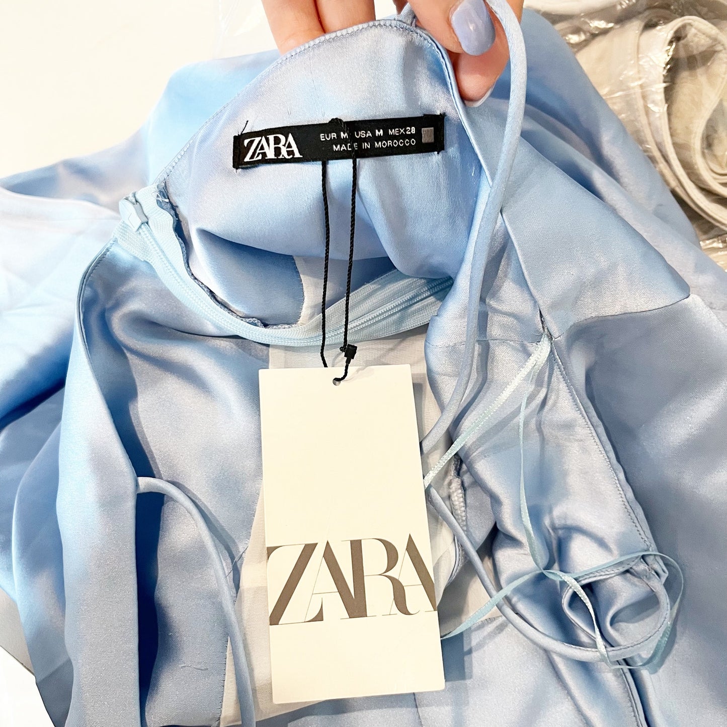 ZARA Satin Corset Style Top Sleeveless Maxi Slip Dress with Slit Sky Blue Medium
