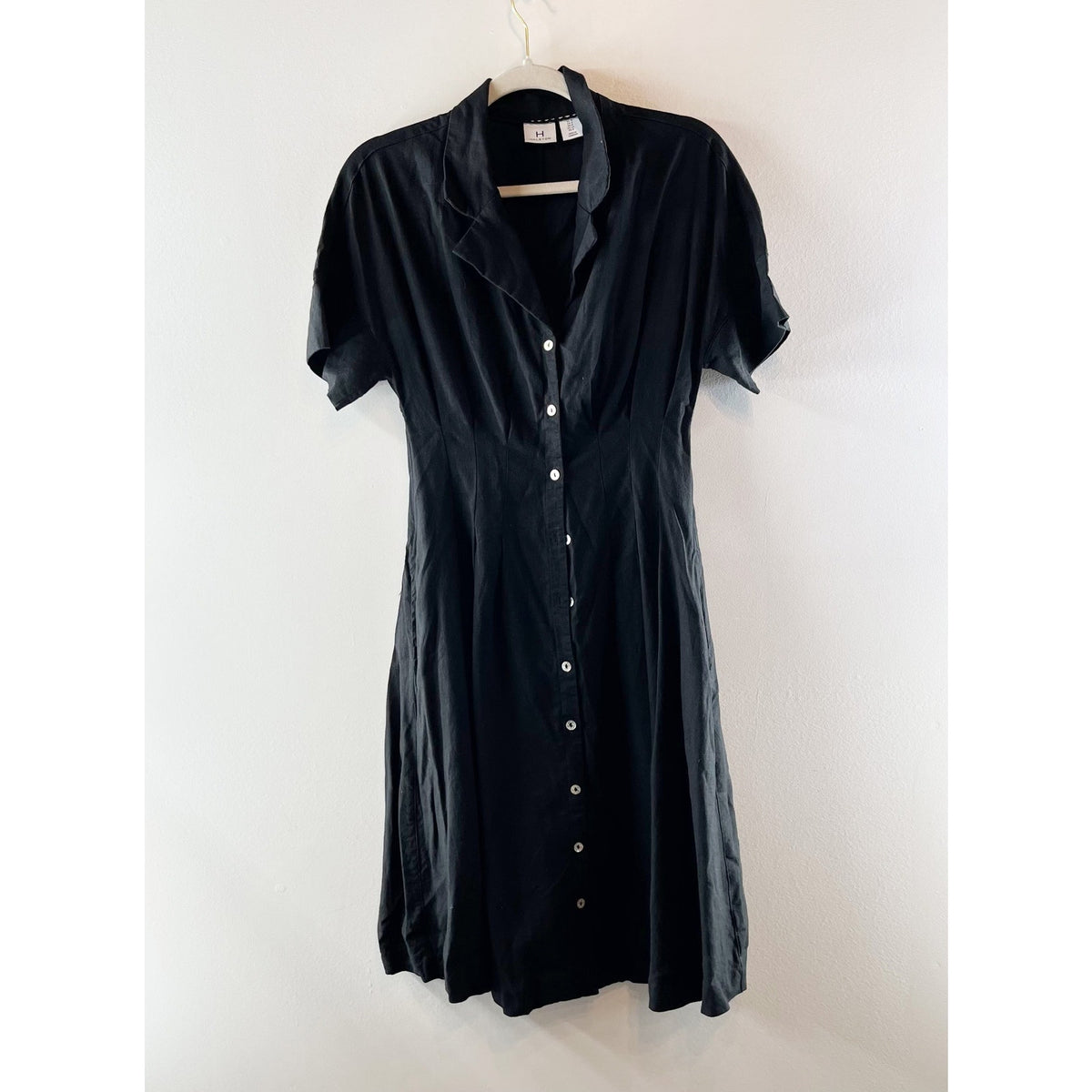 Halston Linen Blend Short Sleeve Midi Shirt Dress Black 4