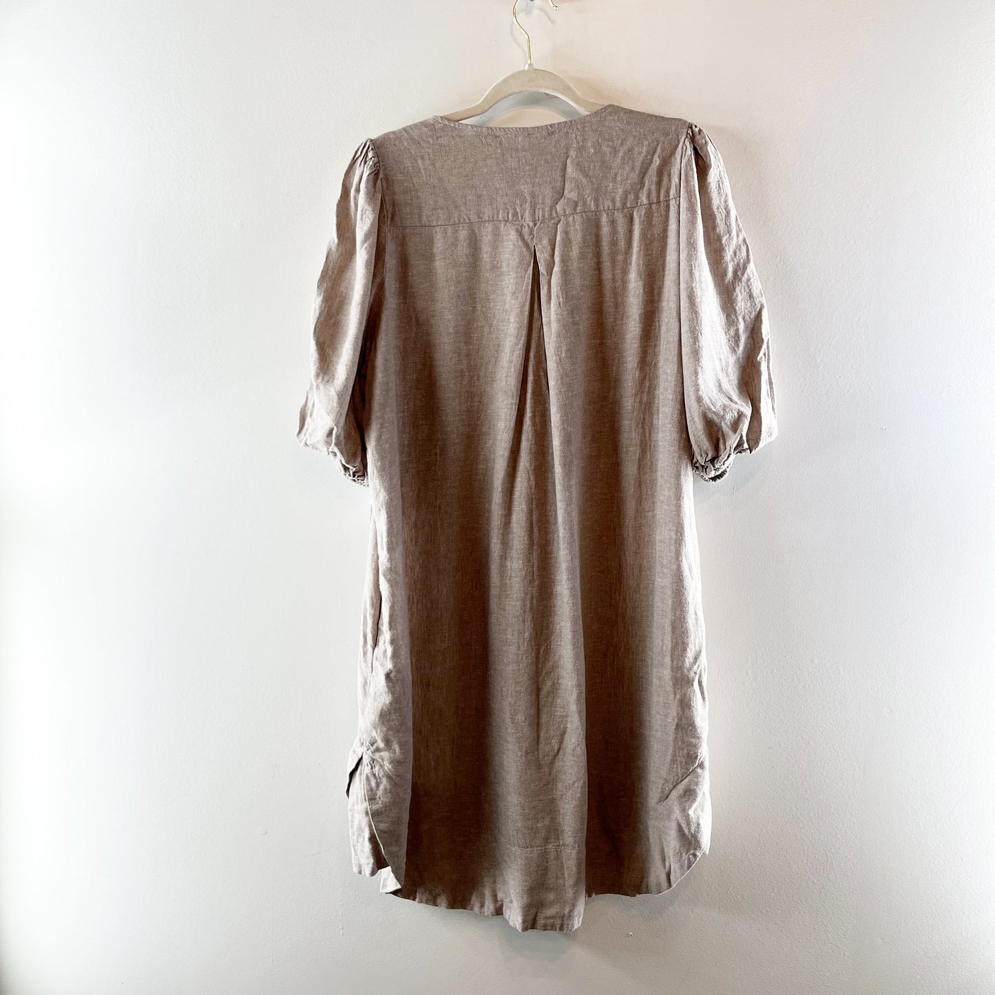 Cynthia Rowley Linen Blend Puff Sleeve V-Neck Mini Dress Taupe Tan Large