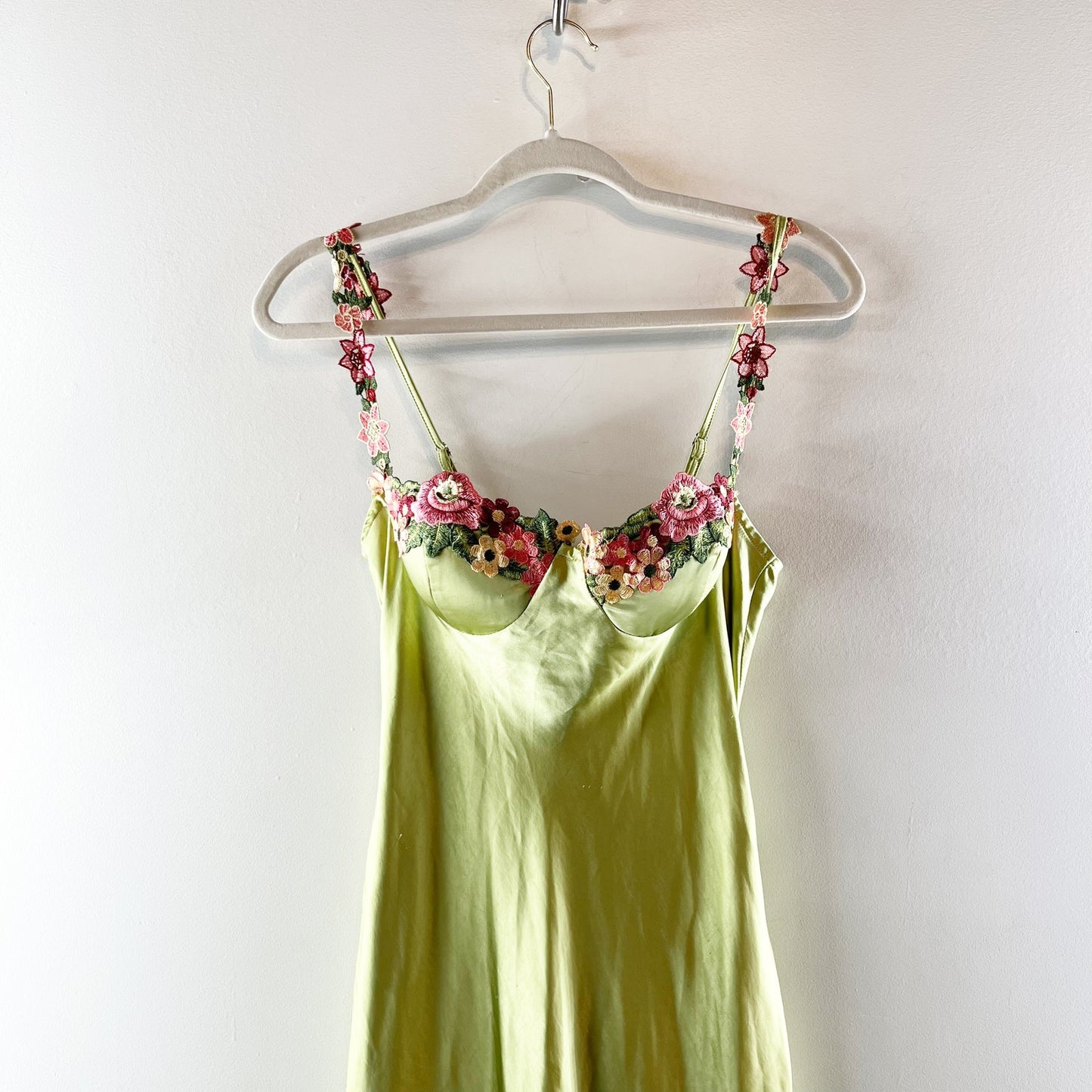 Bobbles & Lace Satin Sleeveless Maxi Slip Dress with Floral Applique Green Small