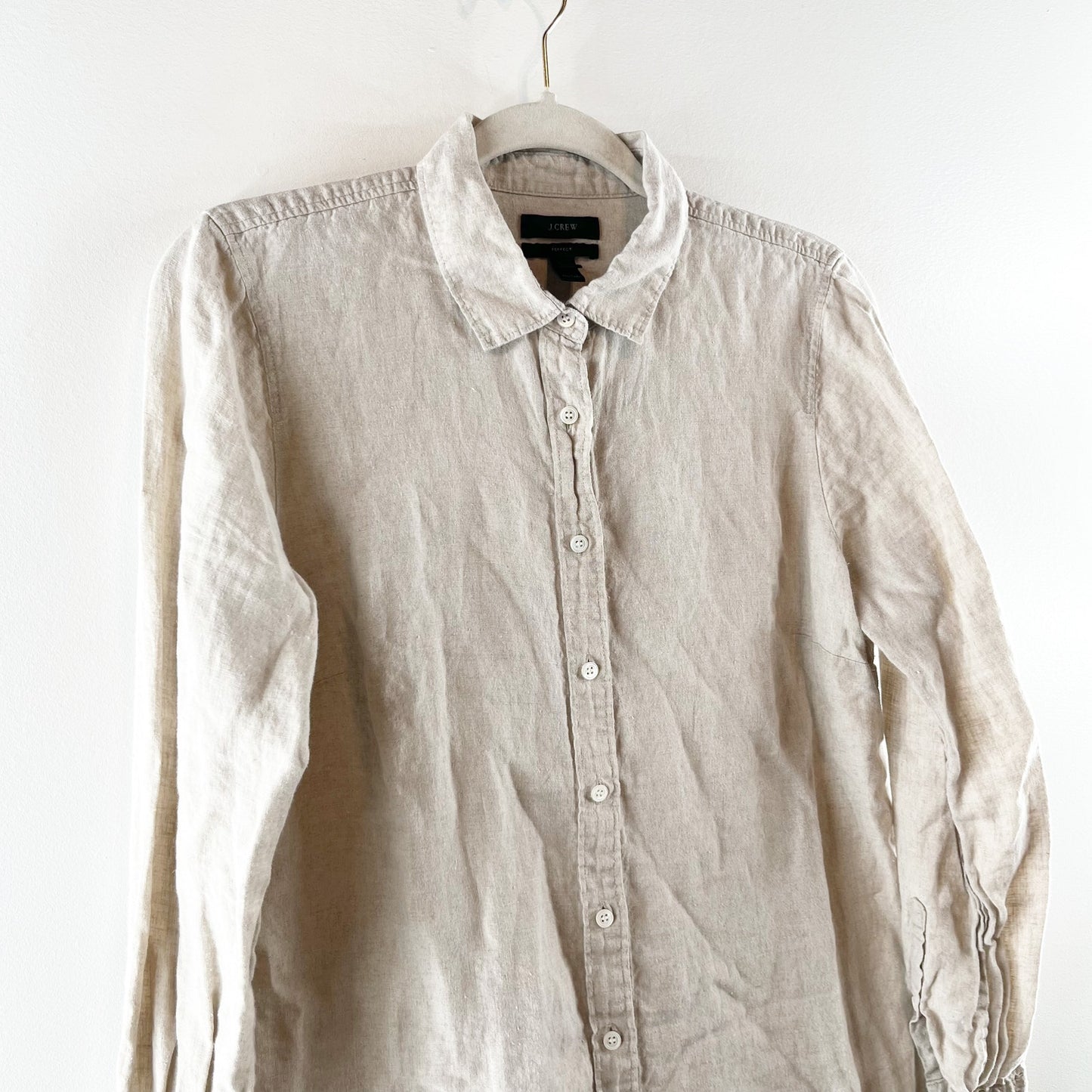 J. Crew Perfect 100% Linen Long Sleeve Collared Button-Up Shirt Beige 12 Petite