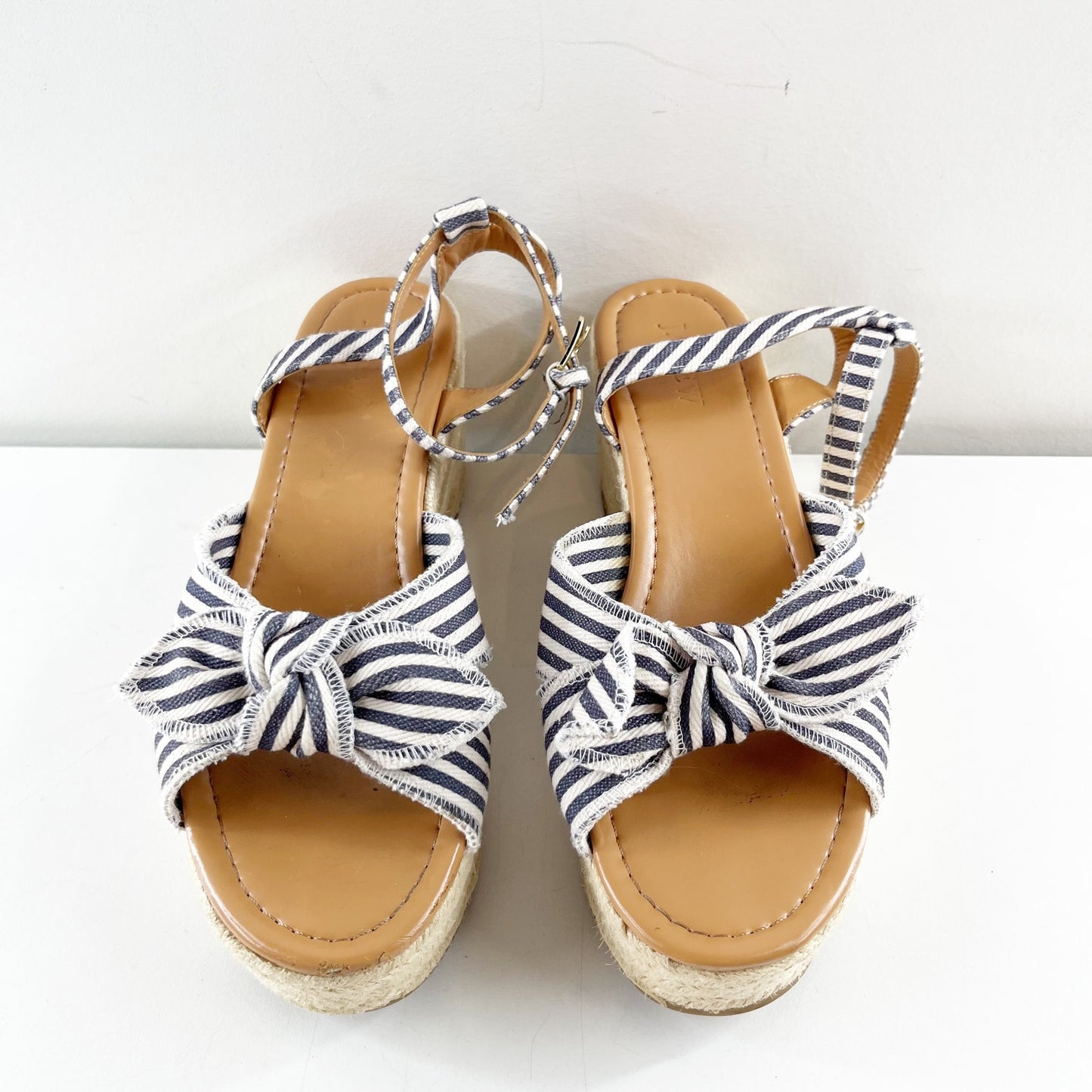 J. Crew Platform Bow Striped Espadrille Wedge Sandals Blue White 8