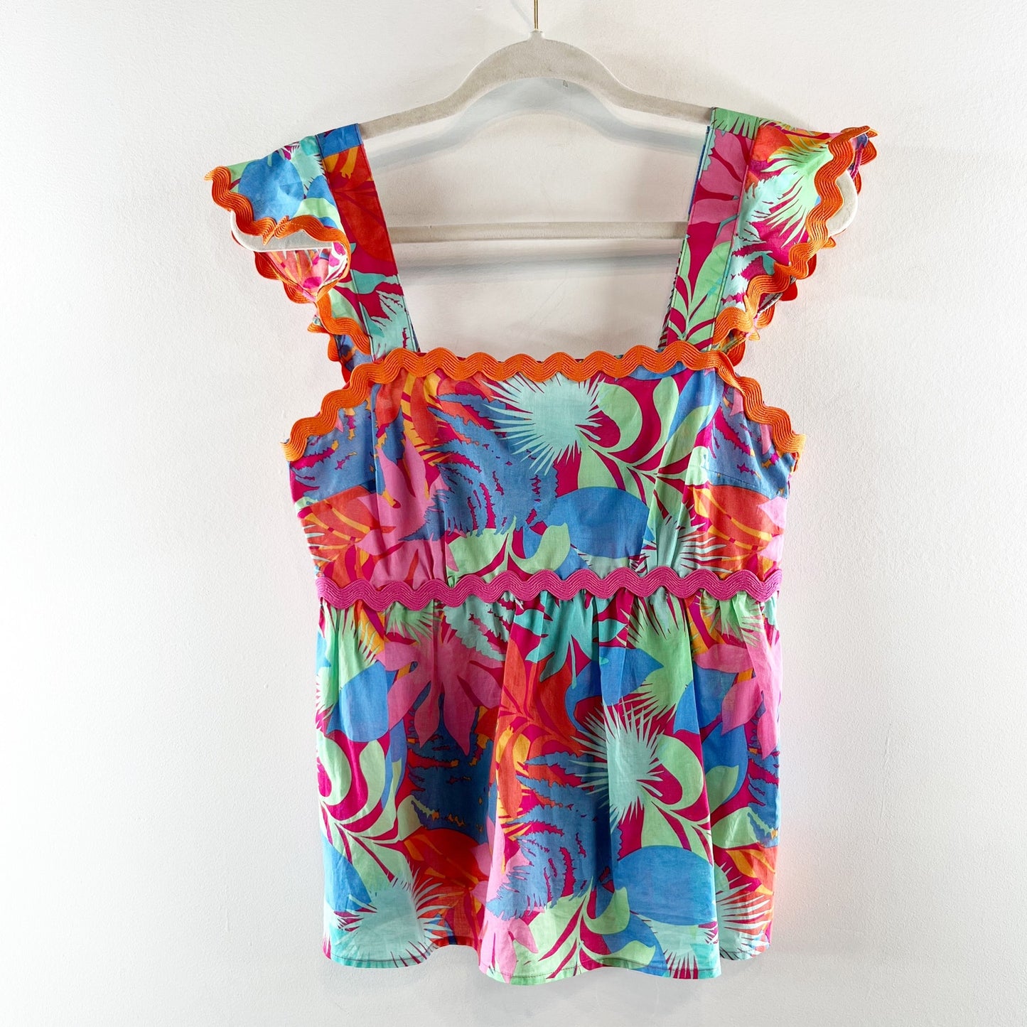 Greylin Skyler Ruffle Scallop Trim Babydoll Square Neck Tropical Top Pink Small