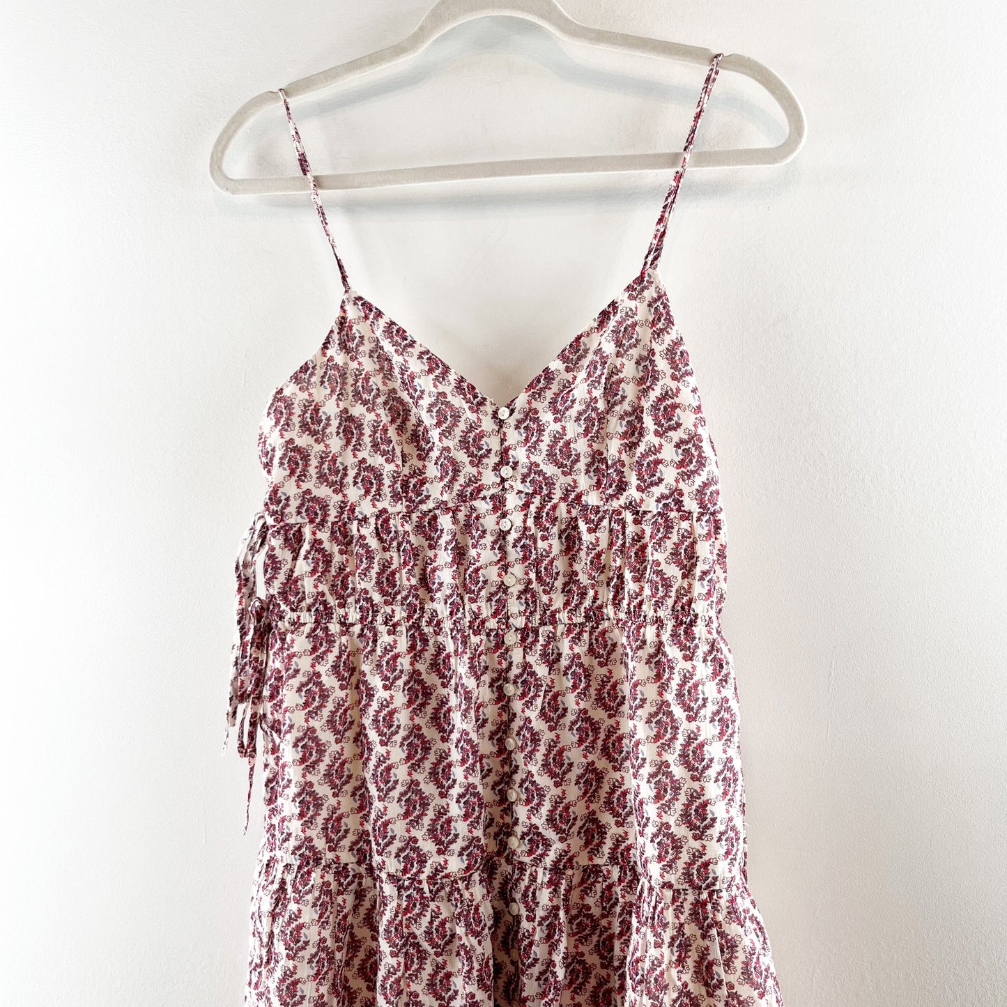 American Eagle Outfitters Sleeveless V-Neck Side Tie Tiered Midi Dress Berry S