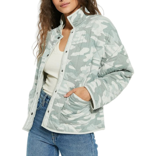Z Supply Maya Camo Long Sleeve Snap Button Quilted Jacket Dusty Sage Small