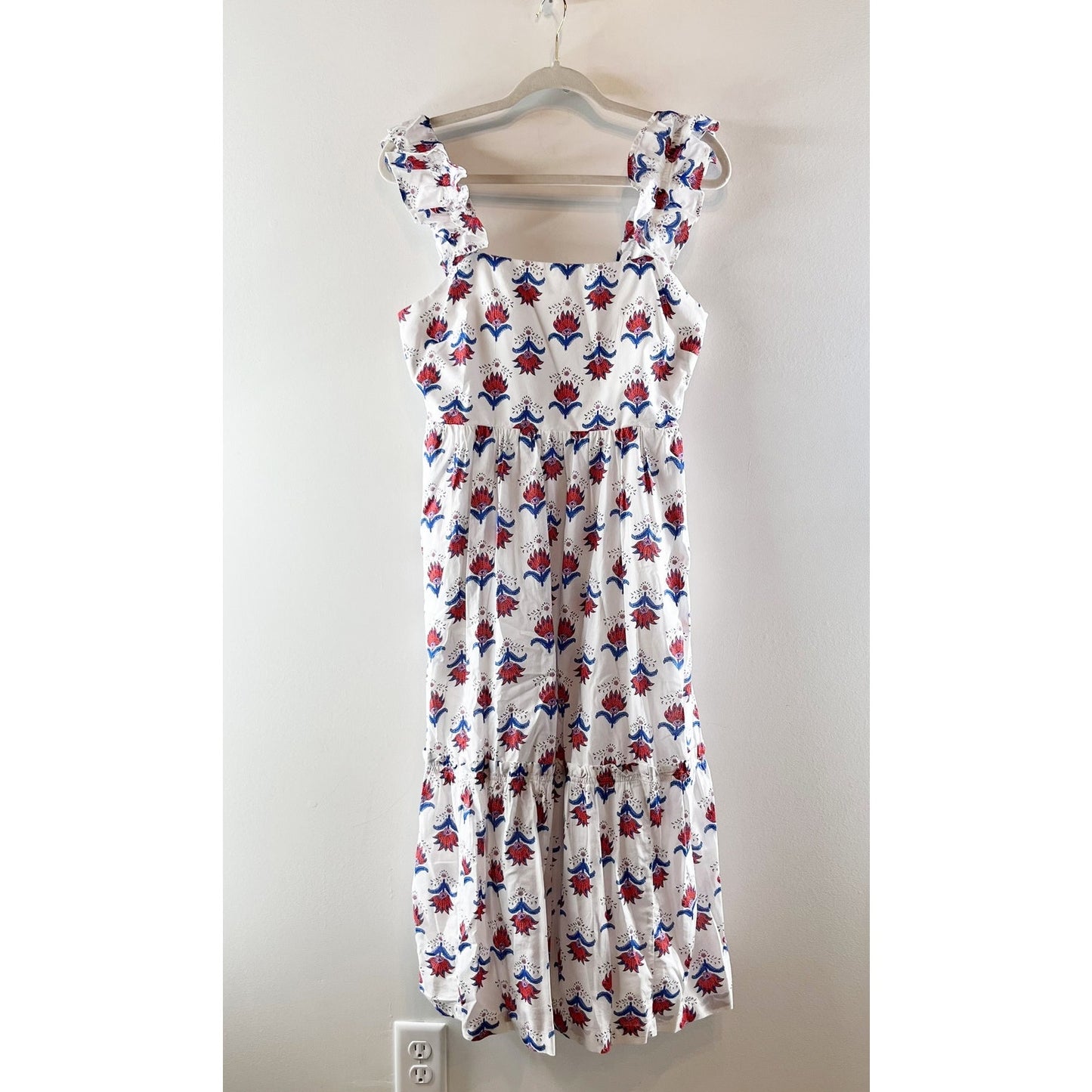J. Crew Ruffle Strap Floral Print Square Neck Cotton Midi Dress White Red Blue 6