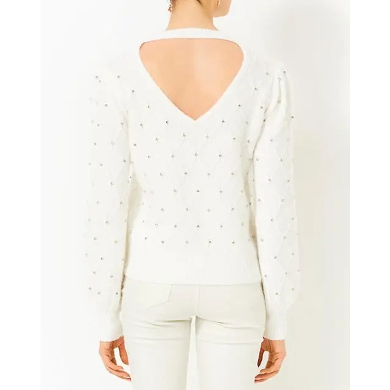 Lilly Pulitzer Veronita Long Sleeve Crewneck Embellished Sweater Cream Large