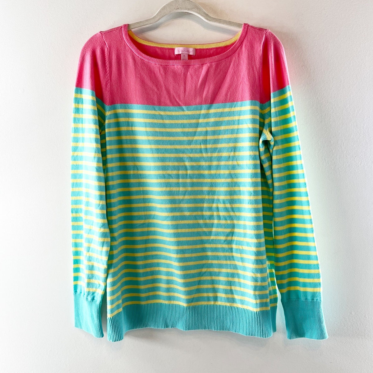 Lilly Pulitzer Maria Striped Long Sleeve Boat Neck Sweater Top Green Pink XL