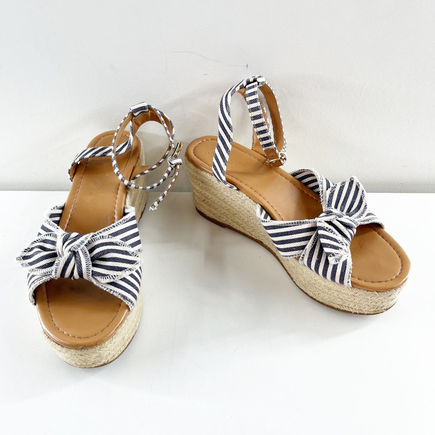 J. Crew Platform Bow Striped Espadrille Wedge Sandals Blue White 8